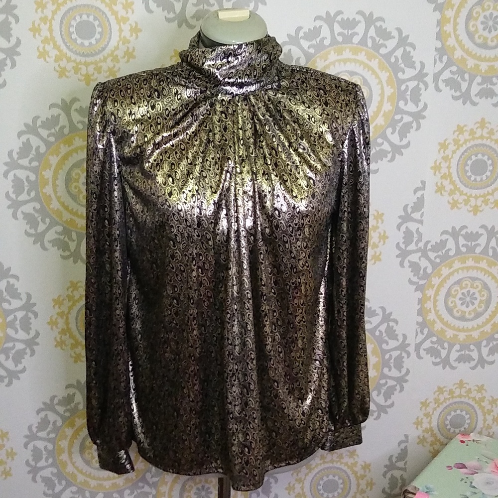 Vintage gold black foil long sleeve flowy mock turtleneck blouse medium